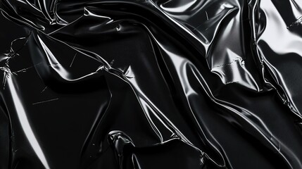 Black plastic wrap texture background, close-up view. Abstract black crumpled foil pattern. 