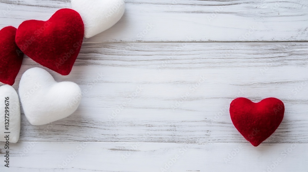 Poster beautiful arrangement of red and white felt hearts on a rustic wooden table representing love and af