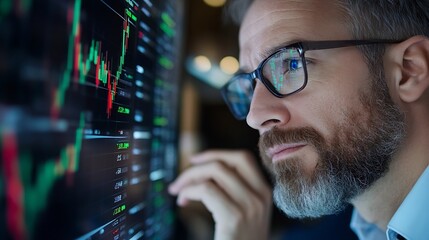Focused businessman analyzing stock market data on a screen with charts and graphs in modern office : Generative AI