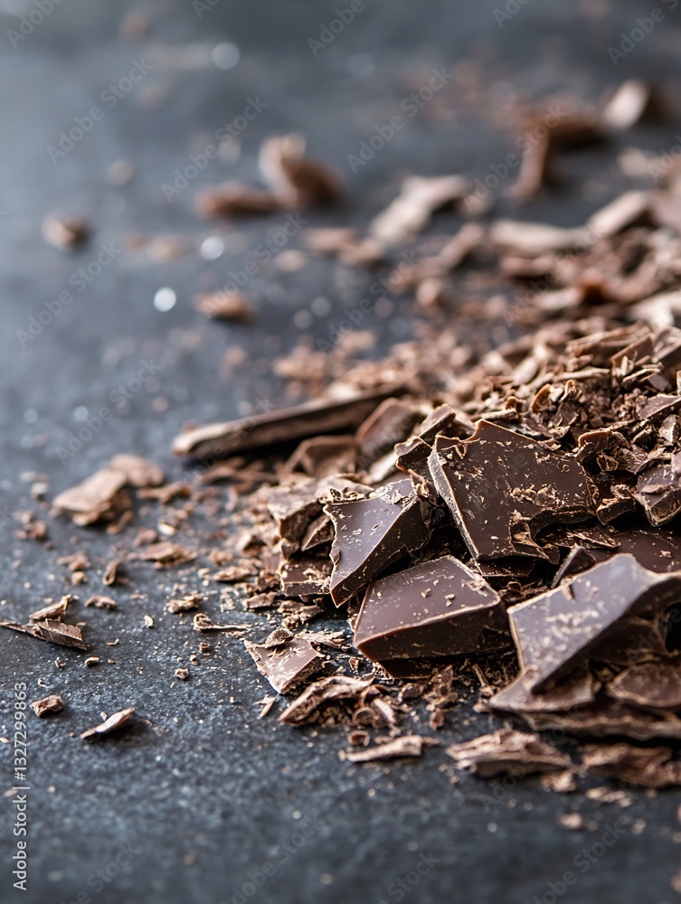 Poster Rich Dark Chocolate Shavings Spread Across a Solid Surface Creating an Indulgent Scene : Generative AI