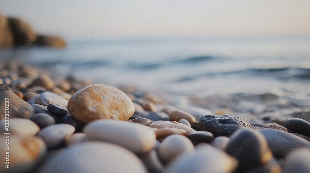 Poster stunning close up of colorful pebbles on a tranquil seashore at sunset : generative ai