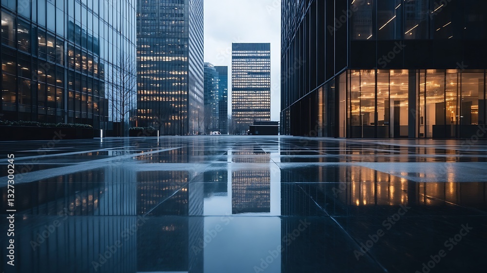 Poster urban reflection of city buildings on a rainy day creating a stunning visual effect : generative ai