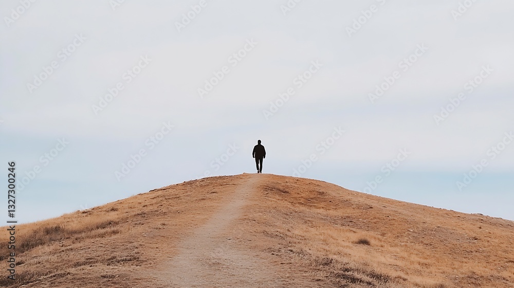 Aufkleber lonely figure walking on a path along a golden hillside under a cloudy sky : generative ai