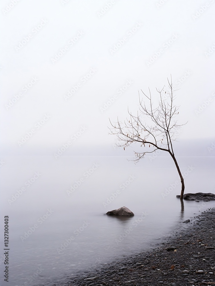 Poster solitary tree standing still by a calm water body in a misty serene environment : generative ai