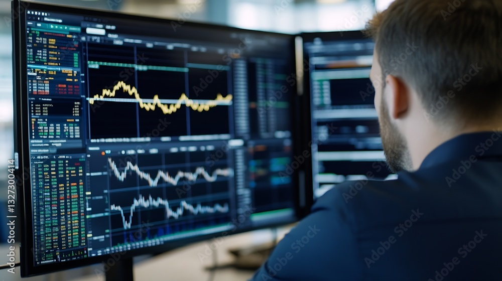 Poster Focused businessman analyzing market trends on multiple computer screens from behind showcasing modern finance dynamics : Generative AI