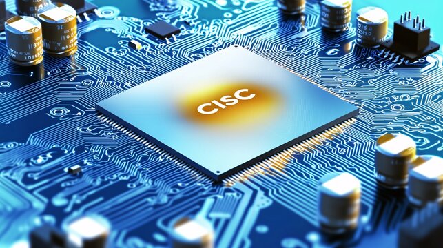 vector art of a microchip, showcasing the complex structure of a CISC-based CPU. "CISC" Vector art, CPU, microchip, CISC architecture, silicon chip, system-on-chip, logic gates, advanced design, 