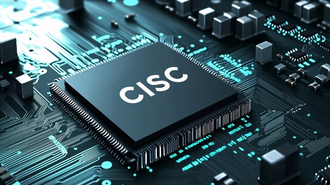 vector art of a microchip, showcasing the complex structure of a CISC-based CPU. "CISC" Vector art, CPU, microchip, CISC architecture, silicon chip, system-on-chip, logic gates, advanced design, 