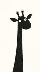 Una jirafa negra con ojos grandes y estilo minimalista destaca en un fondo claro.
