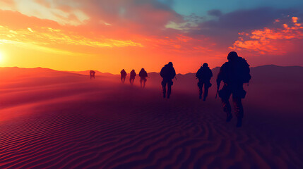 Fototapeta premium Soldiers march through desert at sunset, silhouetted against vibrant sky and shifting sands