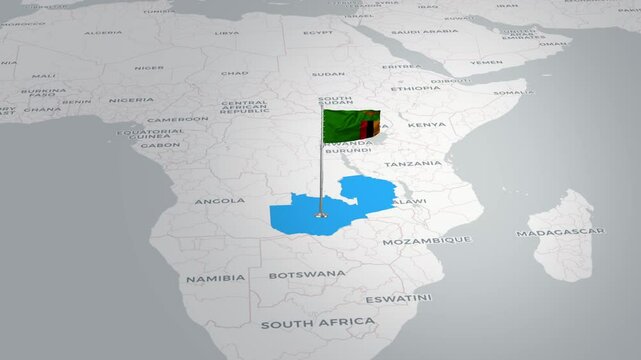 Zambia map animation.The Zambia flag flies majestically over a detailed map