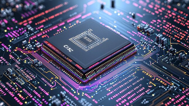 of a microchip with CISC architecture, surrounded by flowing binary code in a tech-inspired backdrop. "CISC" CISC microchip, CPU, circuit board, digital system, signal flow, technology, processing 