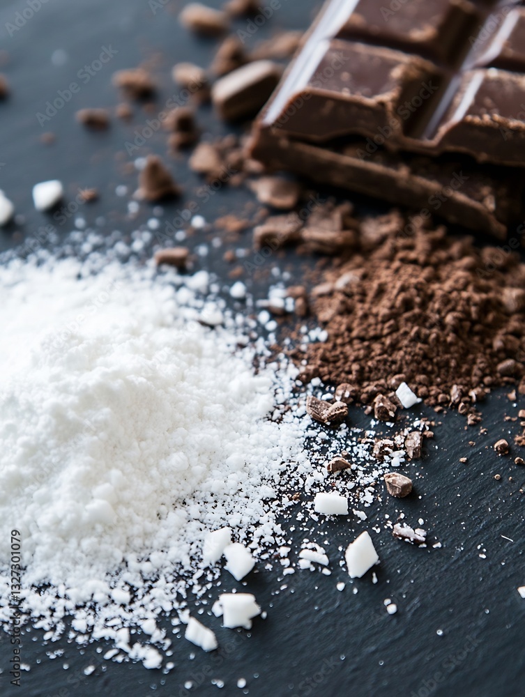 Poster Assorted chocolate and cocoa powder arranged on rustic dark stone background : Generative AI