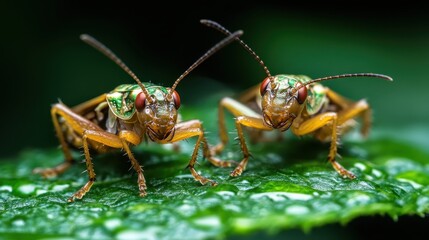 This stunning close-up uses vibrant colors to depict two grasshoppers resting on a leaf, highlighting the beauty and complexity of life found in nature's ecosystems.