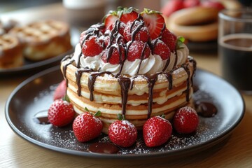 Delectable pancake stack topped with fresh strawberries cream and chocolate drizzle on a dark plate