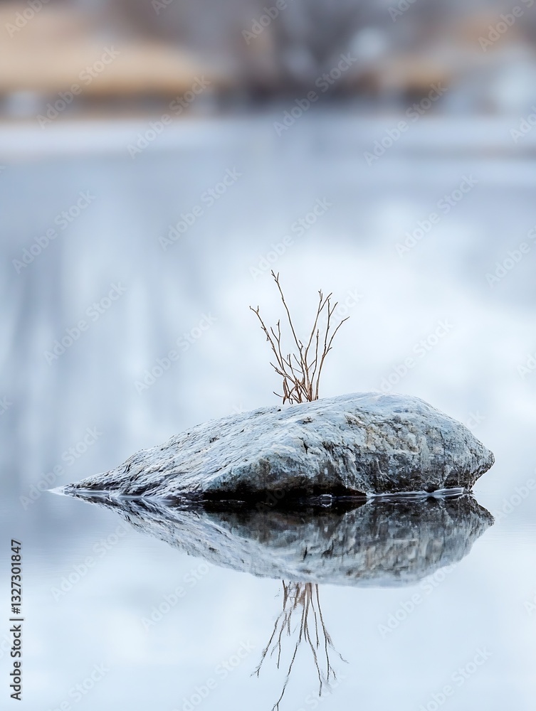 Poster Lonely rock in a serene lake with delicate dry twigs creating a tranquil harmony within the misty waterscape : Generative AI