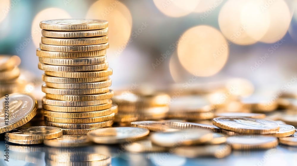 Leinwandbilder stack of shiny gold coins glimmering with lights in a blurred background : generative ai