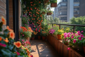 Fototapeta premium Balcony Oasis: Vibrant flowers and greenery create a peaceful urban retreat Outdoor living space