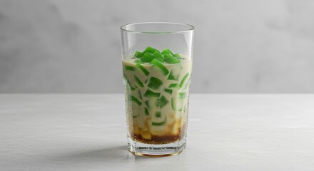 Fototapeta premium Refreshing Green Jelly Dessert Drink in Glass with Sweet Sauce