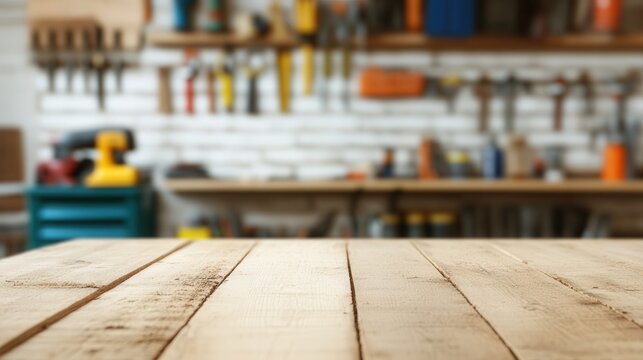A smooth wooden table in the foreground with a blurred background featuring neatly arranged carpentry tools on the wall, creating a warm and inviting woodworking atmosphere