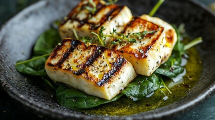 A classic cheese and spinach wrap, packed with grilled halloumi cheese, fresh baby spinach, and a hint of lemon zest, placed on a rustic stone plate with a drizzle of olive oil, moody lighting,