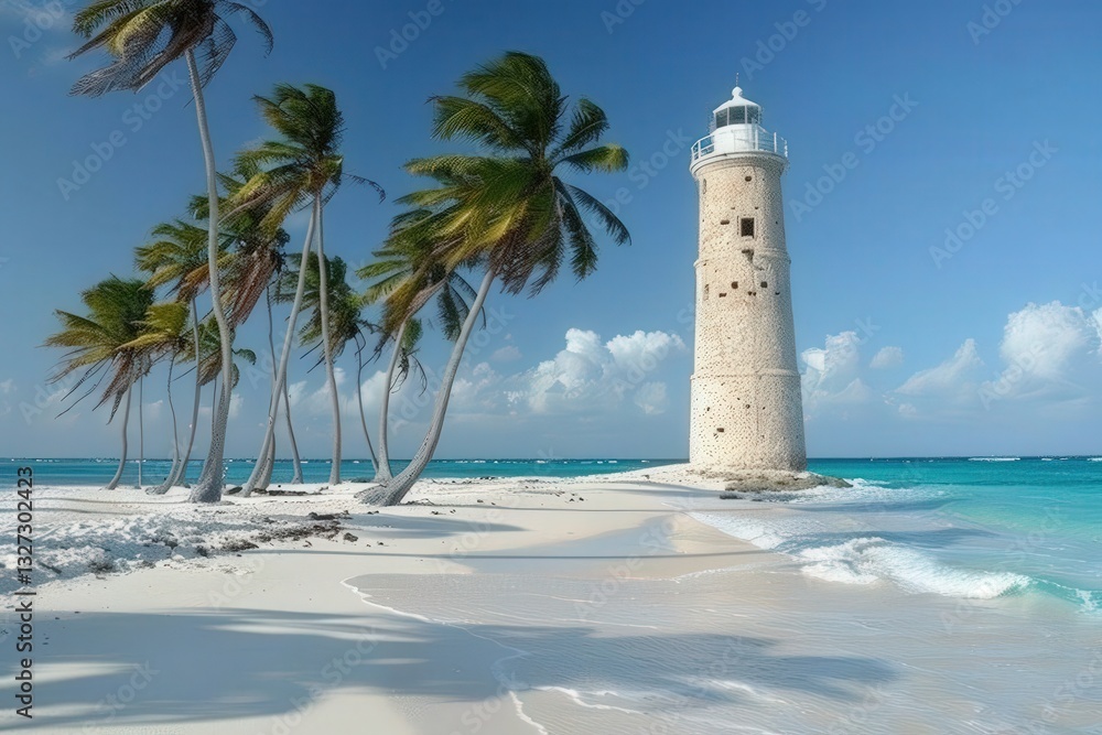 Poster a lighthouse is on a beach with palm trees in the background