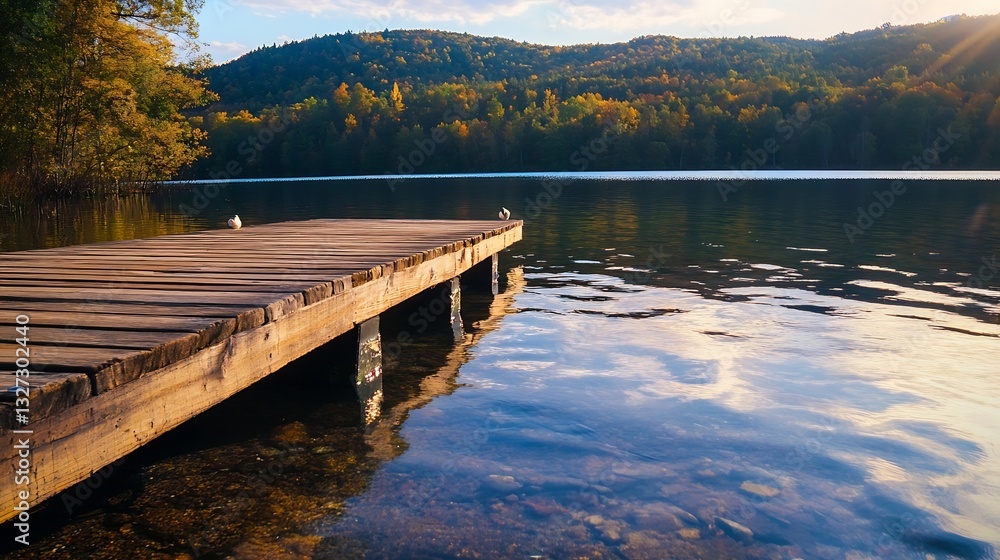 Poster scenic view of a tranquil wooden pier extending over calm waters surrounded by vibrant autumn foliag