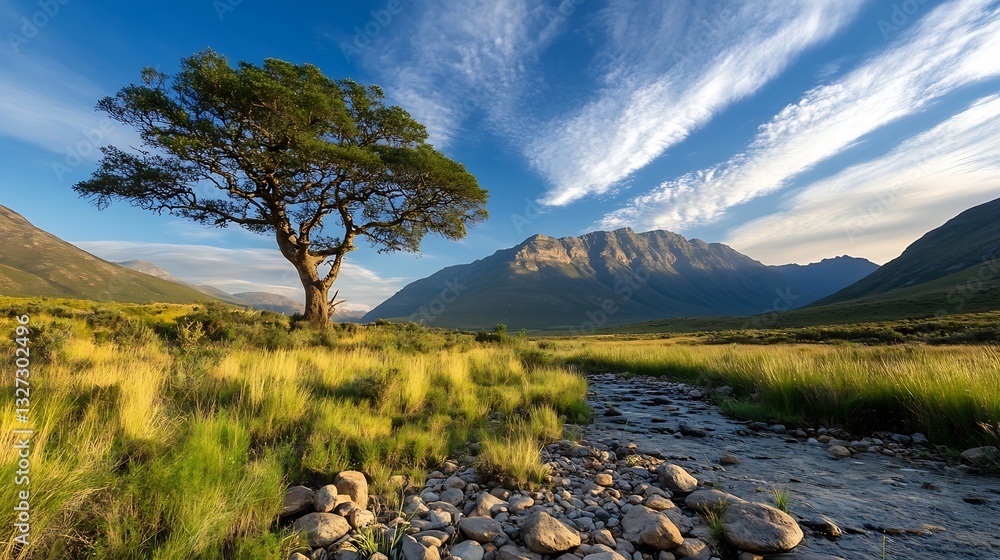 Aufkleber scenic view of a solitary tree against mountains and blue sky during golden hour : generative ai