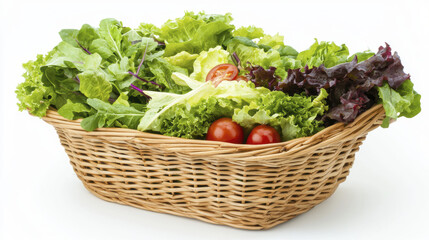 Fresh and vibrant basket of assorted lettuce and tomatoes, perfect for salads