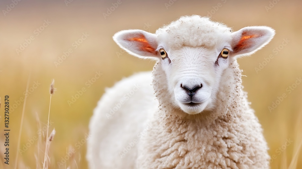 Poster cute sheep portrait taking center stage against a blurred field background in sunlight : generative 
