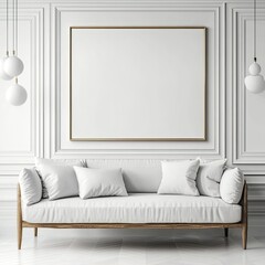 Elegant Living Room Interior Design with White Sofa and Large Gold Frame Mockup