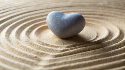 Heart-Shaped Grey Zen Stone on Sandy Beach - Spiritual Serenity Stock Photo