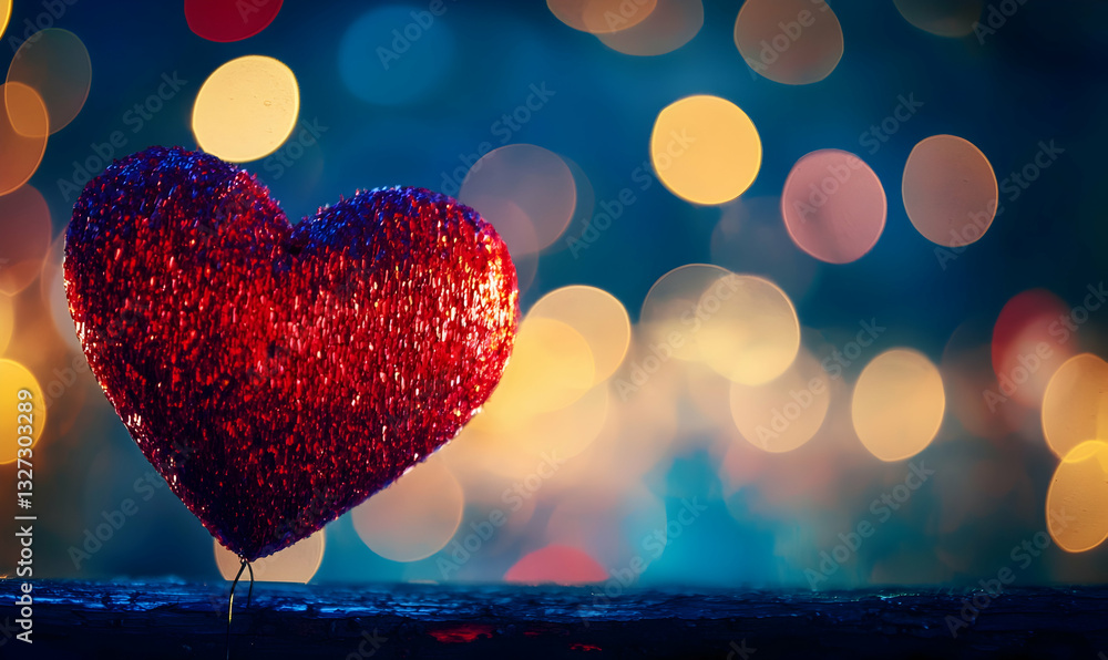 Poster glittering red heart on dark surface with bokeh lights background