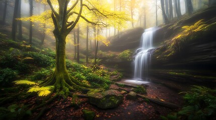 Obraz premium Autumn waterfall flows through a vibrant, misty forest
