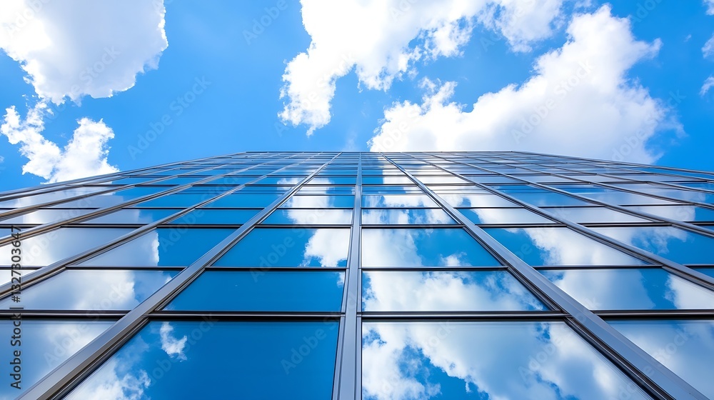 Poster stunning view looking up at a skyscraper reflecting fluffy clouds in a bright blue sky : generative 