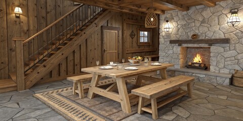Rustic Cabin Dining Wood Table, Stone Fireplace, Staircase Interior ,Cabin ,Interior