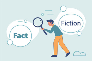 Fact checking, analyze truth, lie or dishonesty, proof information, decision to identify fact, verification or validate data concept, businessman with magnifying glass analyze fact from false info.