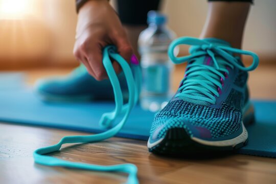 Preparing for Exercise: Tying Laces Near Yoga Mat and Water Bottle