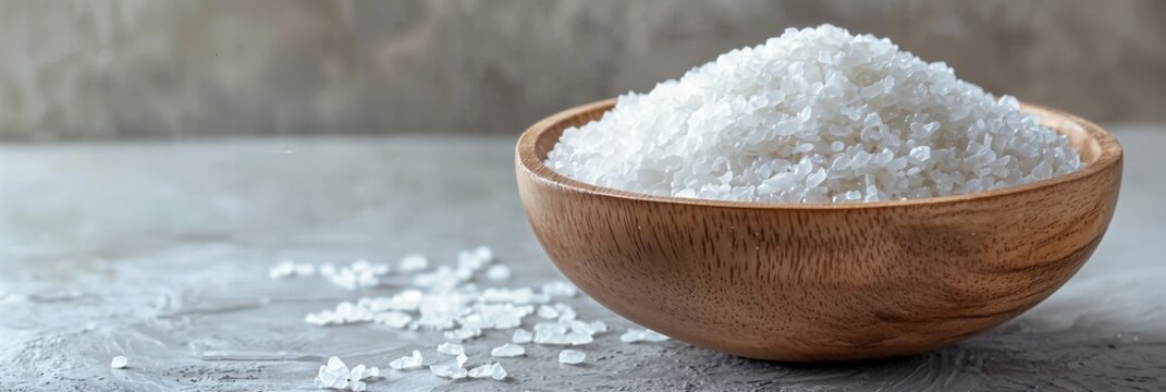 Un cuenco de madera lleno de sal blanca, con algunos granos esparcidos sobre una superficie gris.