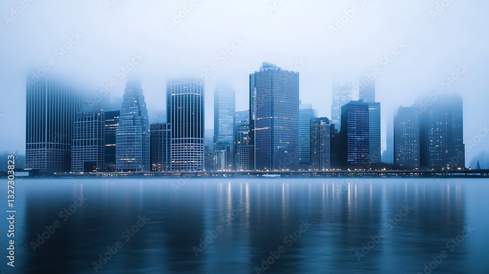 Aufkleber mysterious city skyline shrouded in fog reflecting on calm waters creating an ethereal atmosphere of