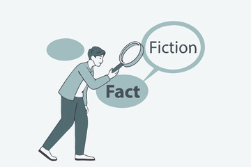 Fact checking, analyze truth, lie or dishonesty, proof information, decision to identify fact, verification or validate data concept, businessman with magnifying glass analyze fact from false info.