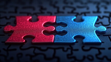 A close-up of two interlocking puzzle pieces with a glowing effect, one red and one blue, symbolizing seamless brand collaboration, teamwork, and strategic partnerships with a dark blurred background