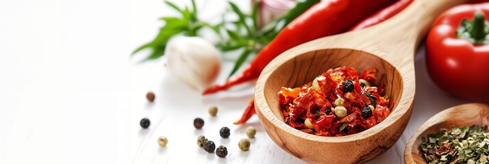 Un plato colorido con especias frescas y pimientos, exudando sabor y frescura en un ambiente culinario.