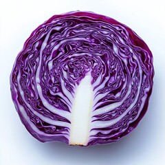 Obraz premium A red cabbage, cut in half, with the inside of one side showing a pattern of purple and white stripes.