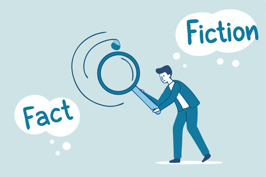 Fact checking, analyze truth, lie or dishonesty, proof information, decision to identify fact, verification or validate data concept, businessman with magnifying glass analyze fact from false info.