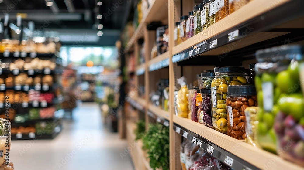 Poster bright and organized shelves full of colorful jars and containers in a grocery store aisle : generat