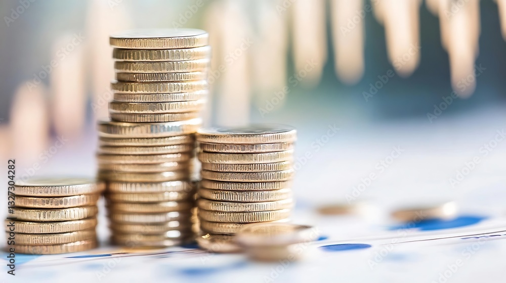 Poster stacks of shiny coins positioned artistically over a financial chart representing wealth and investm