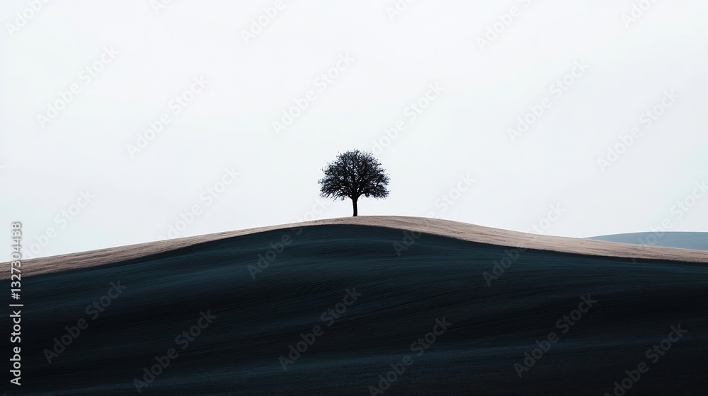 Poster Isolated tree on a rolling hill creating a minimalistic landscape under a dramatic cloudy sky : Generative AI