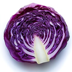 Fototapeta premium A red cabbage, cut in half, with the inside of one side showing a pattern of purple and white stripes.
