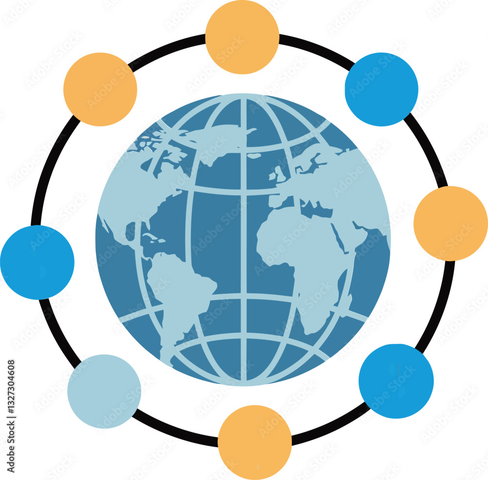Poster global communication network represented by a detailed flat design of earth surrounded by colorful c