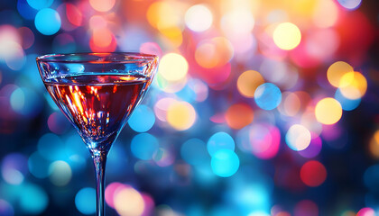 Drinking Glass with Beverage on Festive Bokeh Light Background